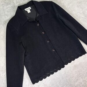 Vintage Briggs Women's Black Long Sleeve Button Front Eyelet Hem Top Size L Chic